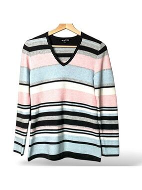 MARBLE Scotland 100% Cotton Lightweight Stripe Vee Neck Sweater Sz XL